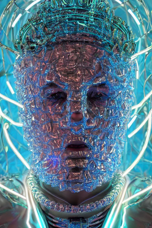 Prompt: hyper detailed ultra sharp portrait of baroque and bladerunner delicate neon diamond sculpture of seductive albino christian santamaria, sarcophagus blue iridescent humanoid deity wearing metallic hoody made out of hands holding the sun prismatic dungeon, glowing blue face, crown of white diamonds, cinematic lighting, photorealistic, octane render 8 k depth of field 3 d