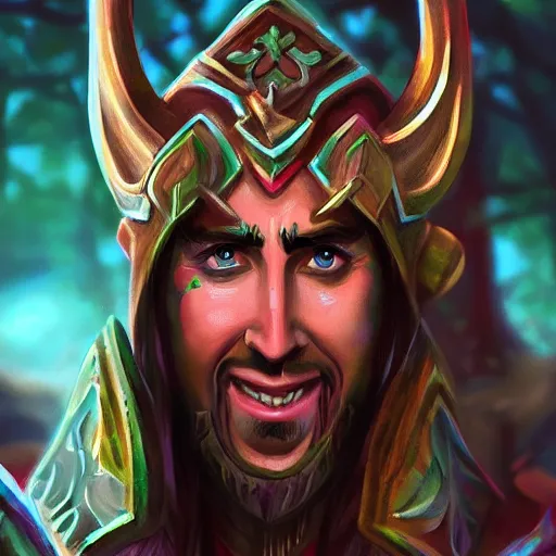 Image similar to elf warrior with the face of nick cage, d & d style, trending on artstation, colorful, intricate, art by kev chan