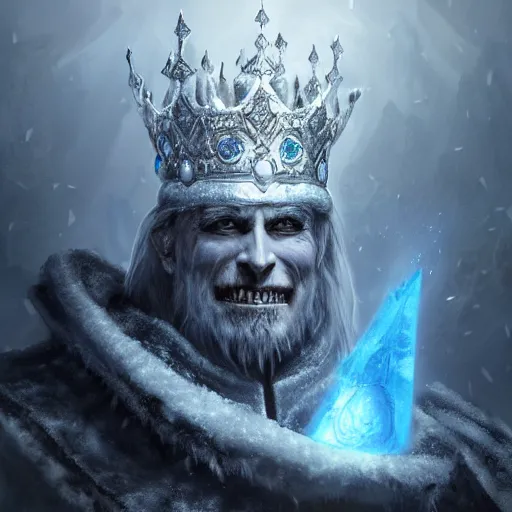 Prompt: a matte painting of the lich king wearing a crown made of ice, icey, world of warcraft, digital art, fantasy, realistic lighting, in the style of greg rutkowski