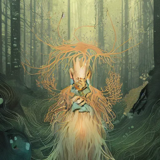 Prompt: a detailed portrait of a forest spirit, by victo ngai and greg rutkowski, digital art, realistic painting, very detailed, fantasy, dnd, character design, trending on artstation