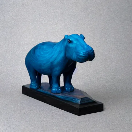 Image similar to a small smooth hippo statue carved from natural wood, dipped in polished blue resin, half and half, mixed media, side view