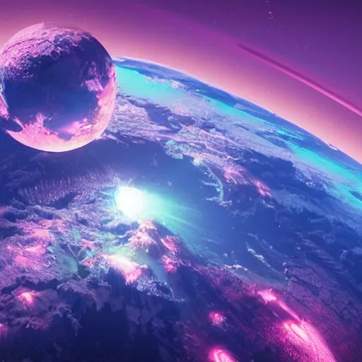 Image similar to earth in space digital art synthwave detailed sharp focus synthwave art aesthetic octane render raw cinematic trending on artstation, highly detailed