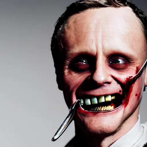 Prompt: close up picture of Hannibal Lecter smirking with bloody teeth, studio picture, movie cover, dark background, shady, highly detailed