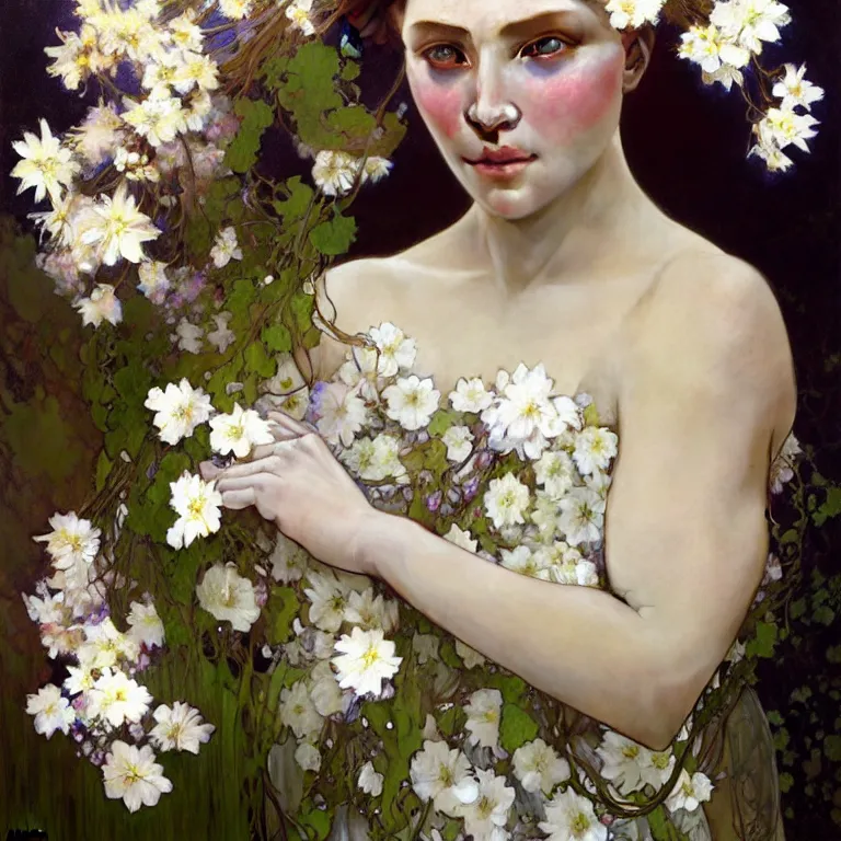 Image similar to hyperrealist wonderful face portrait of a queen with a clear skin, her dress is decorated with white flowers on the head that fall like vines and wears. by jeremy mann and alphonse mucha, fantasy art, photo realistic, dynamic lighting, artstation, poster, volumetric lighting, very detailed faces, 8 k, award winning