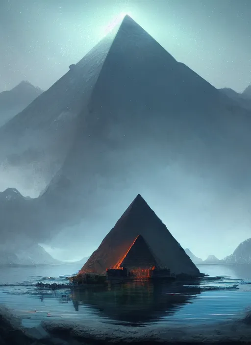 Prompt: portrait of a piramide in a magical lake, half submerged in water, highly detailed, digital painting, artstation, night scene with moutains with glowing sprites, wlop concept art, smooth, sharp focus, illustration, art by dreadjim, craig mullins and greg rutkowski, 8 k
