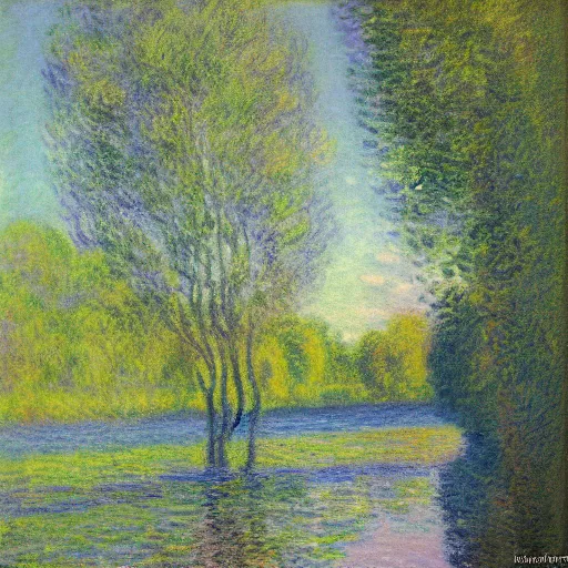 Image similar to impressionistic oil painting, monet, trees and river in the early evening, pastels