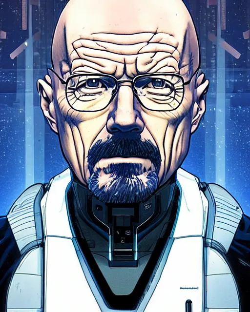 Image similar to portrait of walter white as a robot, cybernetic enhancements, art by makoto shinkai and alan bean, yukito kishiro