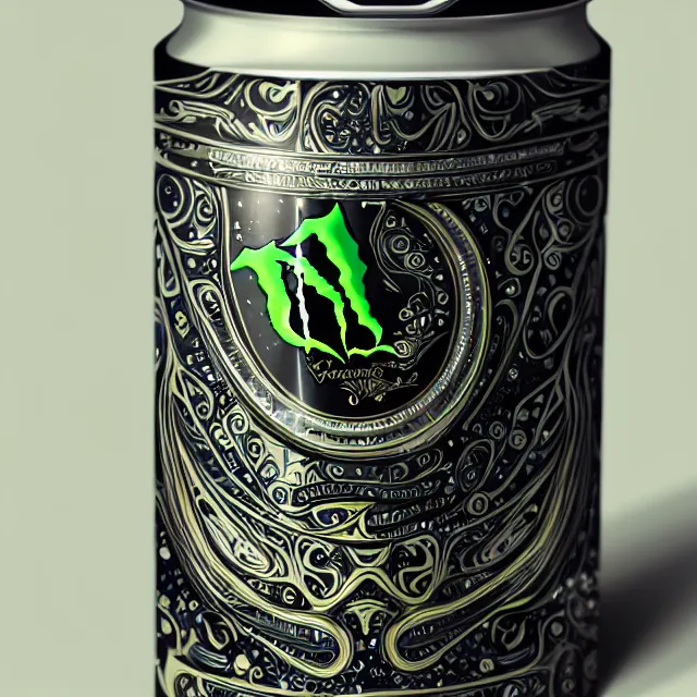 Image similar to aluminian can of monster energy drink, intricate and very very beautiful and elegant, highly detailed, digital painting, artstation, concept art, illustration