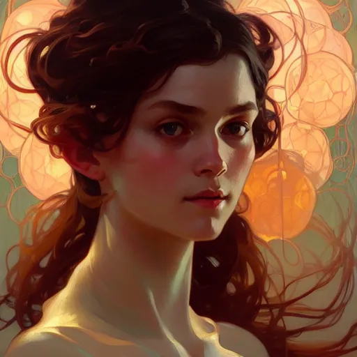 Prompt: Portrait of girl surrounded by floating nodes, face, fantasy, intricate, elegant, highly detailed, digital painting, artstation, concept art, smooth, sharp focus, illustration, art by Greg Manchess and Fernanda Suarez and Artem Demura and alphonse mucha