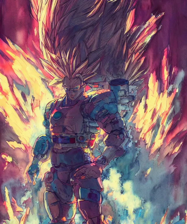 Image similar to a watercolor painting full body character portrait of a cyborg super saiyan martial artist in the style of moebius in the style of cyberpunk trending on artstation deviantart pinterest detailed realistic hd 8 k high resolution