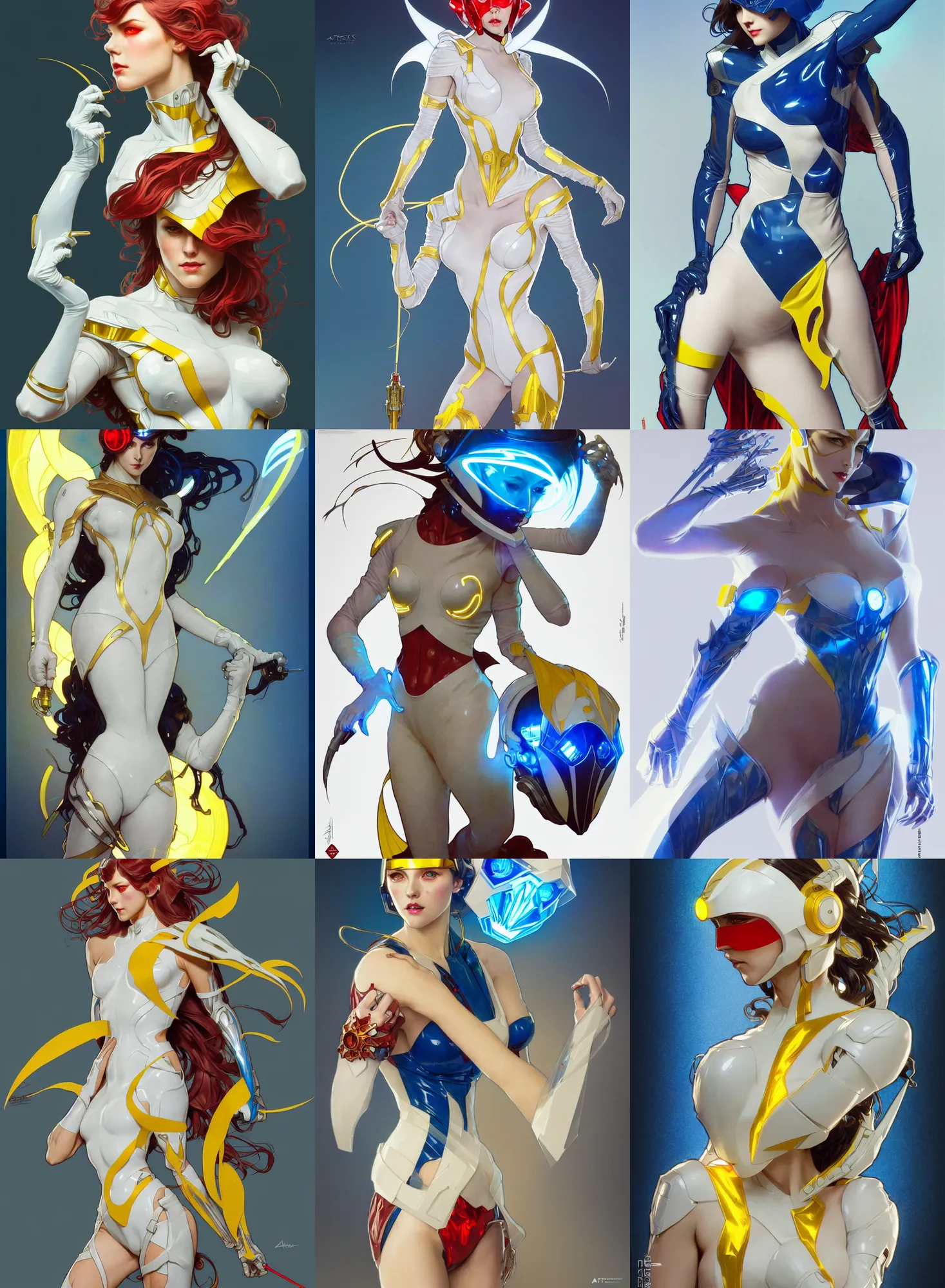 Image similar to a full body character design by artgerm, greg rutkowski and alphonse mucha. sci - fi dagger. laser white and yellow tape and red translucent plastic tape project show attctive showgirl!! sci - fi helmet electric blue eyes!! sharp edges. contour light effect!! ultra detailed, elegant, intricate, octane render.