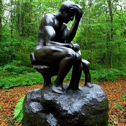 Prompt: The thinker sculpture in the style of William Bartram mushrooms at the base , placed in a lush forest