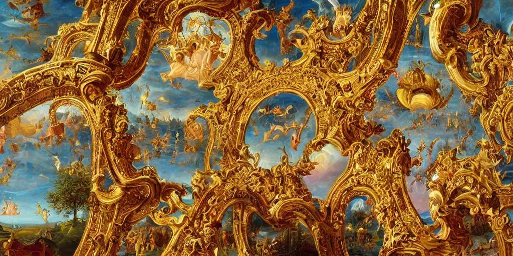 Image similar to beautiful ornate heavenly gold rococo megastructure in the style of heironymus bosch, colorful light intricate masterpiece, hyper detailed, hd