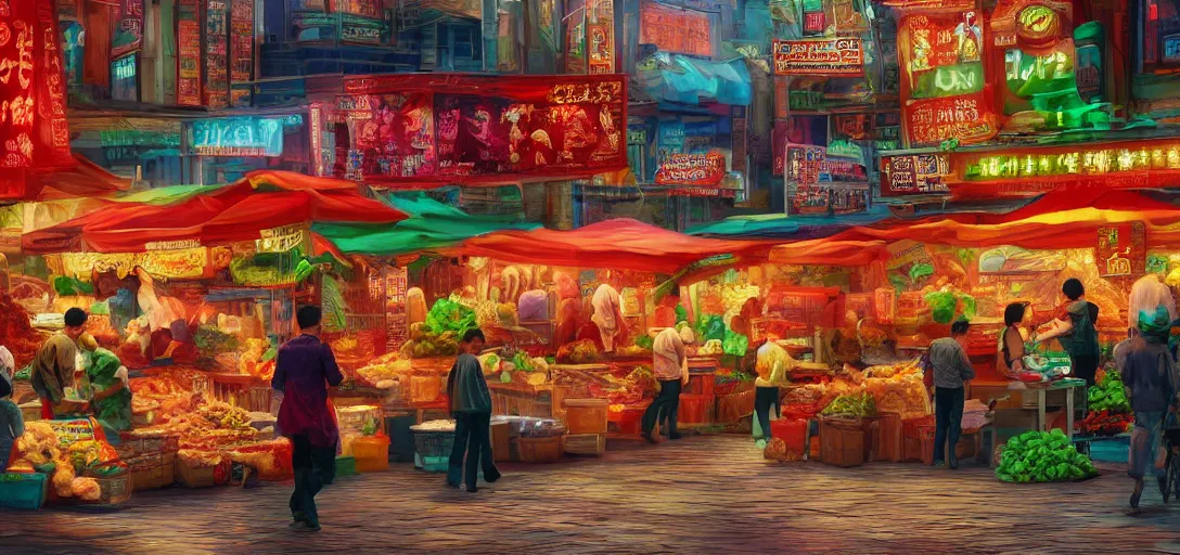 Prompt: chines food and market street Concept Art, vibrant colors, 8k photorealistic, cinematic lighting, HD, high details, dramatic, trending on artstation