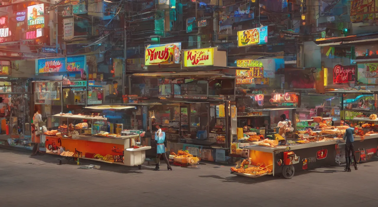 Prompt: a cyberpunk hot dog vendor stands on a main street, unreal engine, octane render, artstation