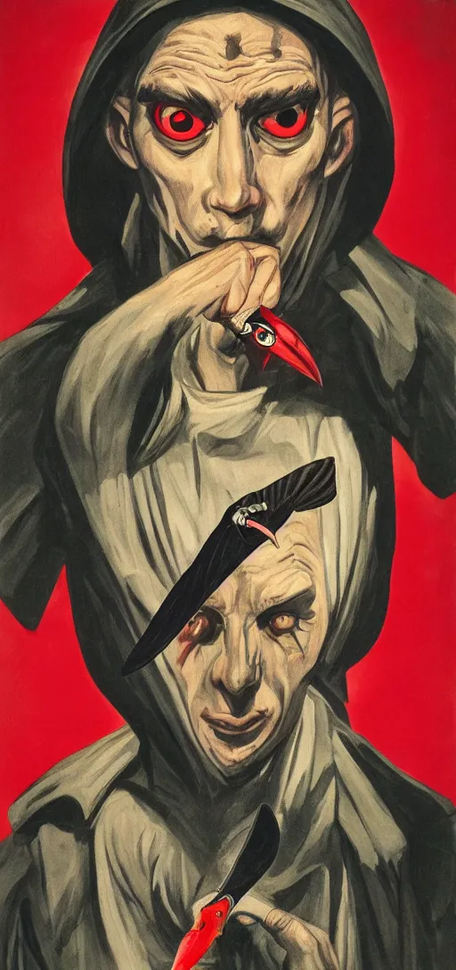 Image similar to mistery man in hood and red eyes with a knife, and a vulture, 1940s propaganda poster, full hd,highly detailed