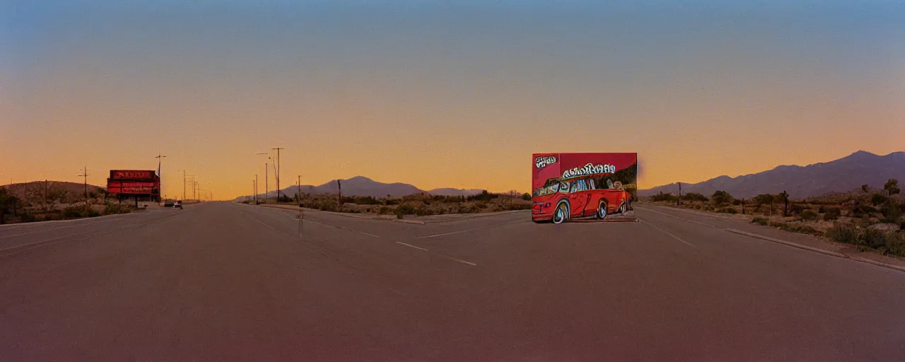 Image similar to spaghetti advertisement, highway 5 0, arizona, sunset, canon 2 0 mm, shallow depth of field, kodachrome, in the style of david hockney