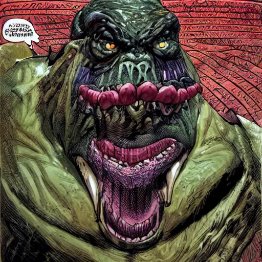 Image similar to a monstrous demon in an expensive three piece suit, with a gigantic mouth that is open - wide as it approaches a lush green utopian city, intricate, elegant, highly detailed, smooth, sharp focus, detailed face, high contrast, graphic novel, art by ardian syaf and pepe larraz,