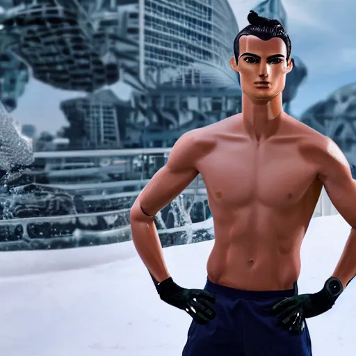 Prompt: a realistic detailed photo of a guy who is an attractive humanoid who is half robot and half humanoid, who is a male android, soccer player cristiano ronaldo, shiny skin, posing like a statue, blank stare, by the pool, on display, showing off his muscles, humanoid robot, frozen ice statue, made of ice