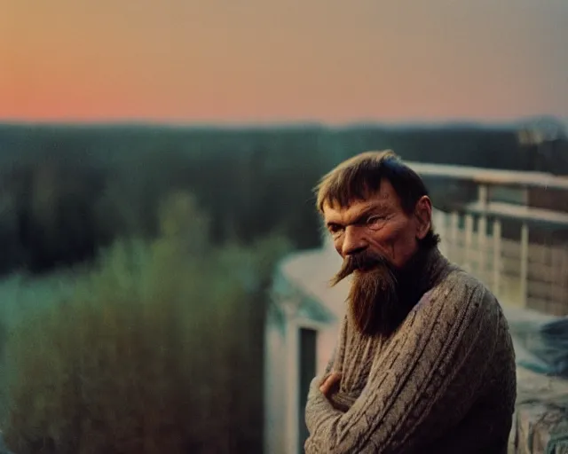 Image similar to award - winning lomographic tarkovsky film still of 4 0 years russian man with beard and sweater standing on small hrushevka 9 th floor balcony in taiga looking at sunset, cinestill, bokeh