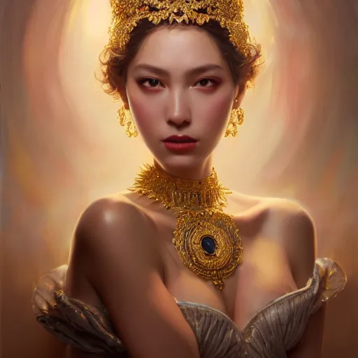 Image similar to expressive oil painting, of alluring european princess, seductive look, smooth glowing skin, glistening body, love, adoration, ornate headpiece made from beads, glamour shot, by yoshitaka amano, by greg rutkowski, by jeremyg lipkinng, by artgerm, digital art, octane render, white dress