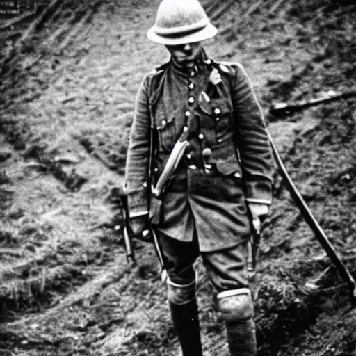 Image similar to Johnny depp as a soldier, ww1 trench, war photo, film grain