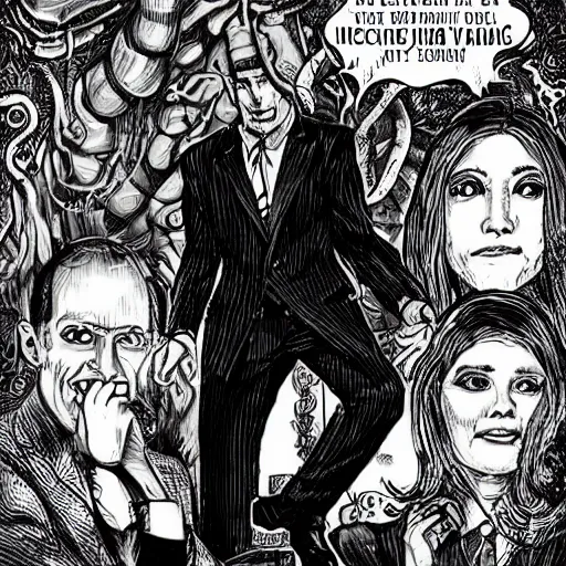 Image similar to Cthulhu as a modern day business man with a family and a drug and gambling addiction, necronomicon is the family Bible , Junji Ito and Greg rutkowski, psychedelic , 50s style infomercial , award winning , retro futuristic