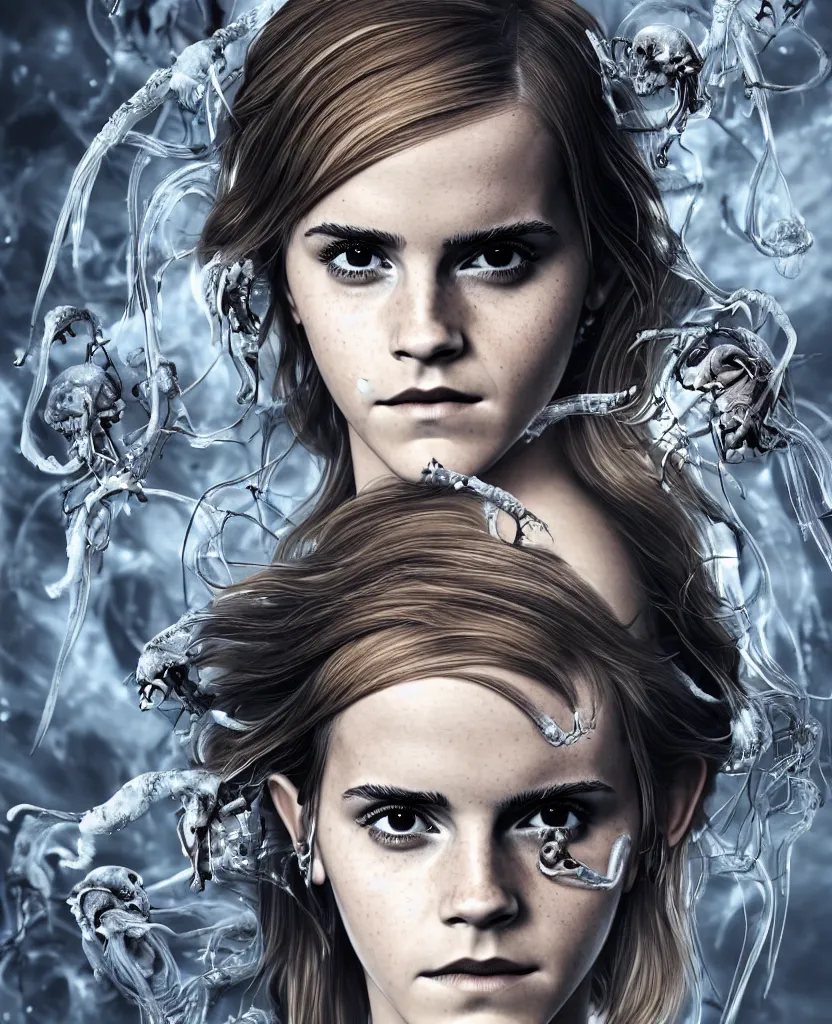 Image similar to EMMA WATSON close-up macro portrait of the face of a beautiful princess with animal skull mask and ribcage, epic angle and pose, symmetrical artwork, 3d with depth of field, blurred background, cybernetic jellyfish female face skull phoenix bird, translucent, nautilus, energy flows of water and fire. a highly detailed epic cinematic concept art CG render. made in Maya, Blender and Photoshop, octane render, excellent composition, cinematic dystopian brutalist atmosphere, dynamic dramatic cinematic lighting, aesthetic, very inspirational, arthouse. y Greg Rutkowski, Ilya Kuvshinov, WLOP, Stanley Artgerm Lau, Ruan Jia and Fenghua Zhong