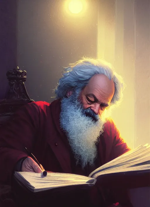 Image similar to highly detailed portrait karl marx reading a book in gta v, stephen bliss, unreal engine, fantasy art by greg rutkowski, loish, rhads, ferdinand knab, makoto shinkai and lois van baarle, ilya kuvshinov, rossdraws, tom bagshaw, global illumination, radiant light, detailed and intricate environment