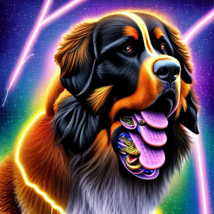 Image similar to a male human - bernese mountain dog hybrid as zeus, shooting lightning bolts from his paws, by alex grey, intricate details, artstation, furry, psychedelic, hd, beautiful