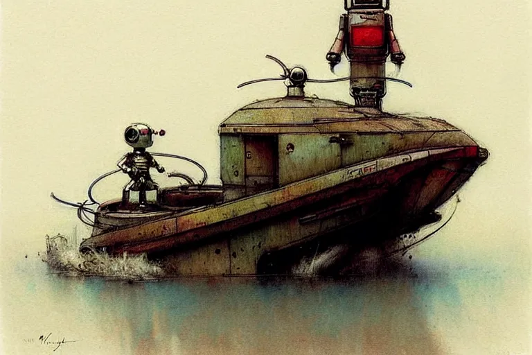 Prompt: adventurer ( ( ( ( ( 1 9 5 0 s retro future robot android mouse house boat tug boat calm stream. muted colors. ) ) ) ) ) by jean baptiste monge!!!!!!!!!!!!!!!!!!!!!!!!! chrome red