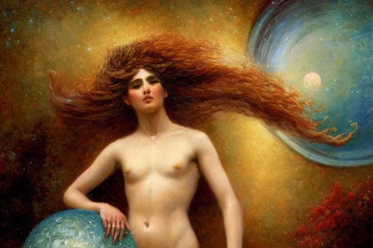 Image similar to portrait of a humanoid personification of the moon, god of the tides. art by gaston bussiere.