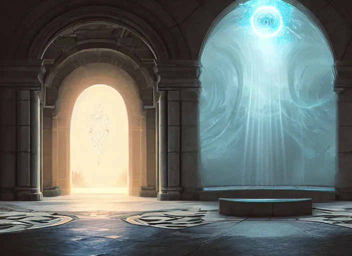 Image similar to entrance to ethereal realm, digital painting, unreal engine, realistic illustration, central composition, symmetrical composition