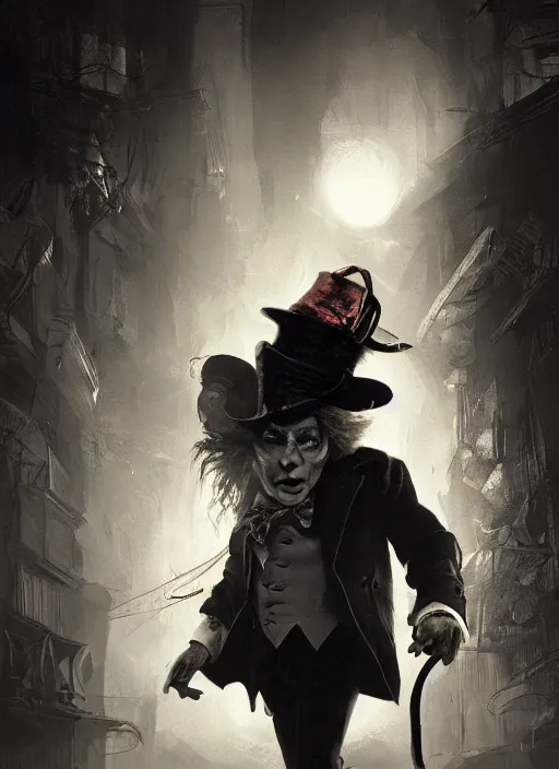 Image similar to portrait, The Mad Hatter, noir, dramatic lighting, cinematic, establishing shot, extremly high detail, foto realistic, cinematic lighting, post processed, concept art, artstation, matte painting, style by eddie mendoza, raphael lacoste, alex ross