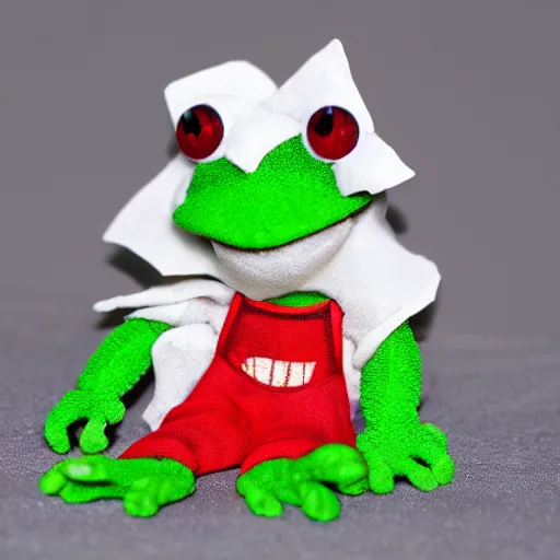 Prompt: frog cleric as an albino chibi muppet plush made entirely from transparent egg white sheer fabric wearing red and green overalls and carrying a tiny sketch book and pencil, photorealistic, photography, national geographic, sesame street