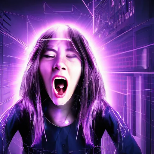 Image similar to girl screaming and holding her head while it explodes with lights and computer elements, cyberpunk, hyperdetailed, suffering, realistic, futuristic, cybernetic, character concept art, blue and violet color scheme