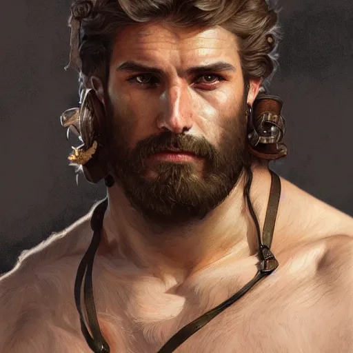 Image similar to portrait of a young rugged male barbarian, handsome, upper body, hairy torso, D&D, fantasy, intricate, elegant, highly detailed, digital painting, artstation, concept art, smooth, sharp focus, illustration, art by artgerm and greg rutkowski and alphonse mucha