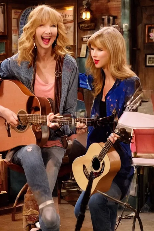 Prompt: lisa kudrow and taylor swift playing acoustic guitars at central perk from friends, soft lighting, super detailed