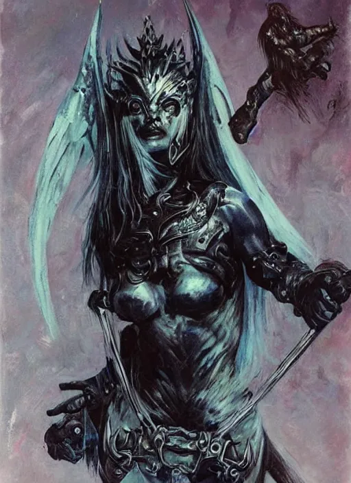 Image similar to portrait of norwegian female chaos angel, beautiful! coherent! by frank frazetta, by brom, strong line, deep color, spiked armor, iron helm, high contrast, maximalist