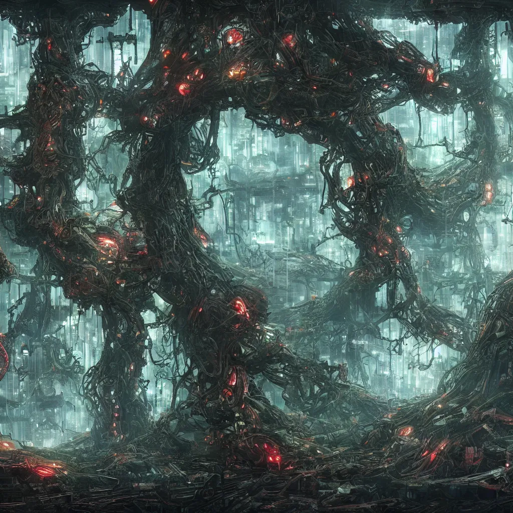 Image similar to yggdrasil growing in a dark forest where gears and electronic parts grow on the trees , cyberpunk landscape wallpaper, d&d art, fantasy, painted, 4k, high detail, sharp focus