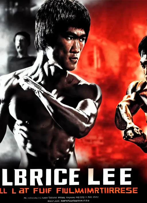 Prompt: Film poster Bruce lee fights VS terminator, full body, detailed and realistic, 4k, filmic render
