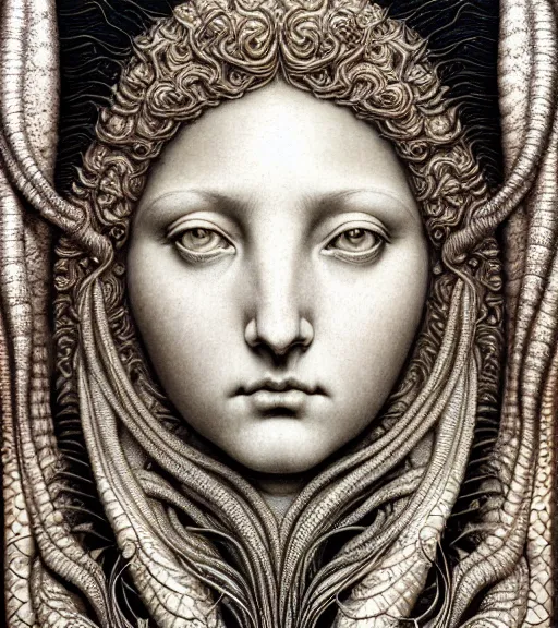 Image similar to detailed realistic beautiful fish goddess face portrait by jean delville, gustave dore, iris van herpen and marco mazzoni, art forms of nature by ernst haeckel, art nouveau, symbolist, visionary, gothic, neo - gothic, pre - raphaelite, fractal lace, intricate alien botanicals, ai biodiversity, surreality, hyperdetailed ultrasharp octane render