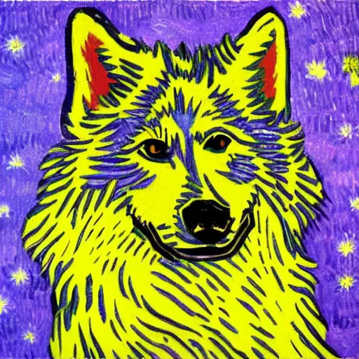 Image similar to retarded wolf portrait, van gogh style, vivid colors, yellow, purple