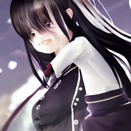 Image similar to luxury advertisement, astonishing portrait of a very beautiful anime schoolgirl with black bob hair in style of cytus and deemo, full perfect face, she is dancing, set in Half-life. Realistic, highly detailed background, artstation, 120 degree view, drawn by Sasoura, Satchely and Akihiko Yoshida, no distortion