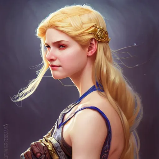 Prompt: an epic fantasy comic book style portrait painting of a young blonde girl thief, d & d, fantasy, joyful smirk, intricate, elegant, digital painting, artstation, extremely detailed, concept art, matte, sharp focus, illustration, art by artgerm and greg rutkowski and alphonse mucha