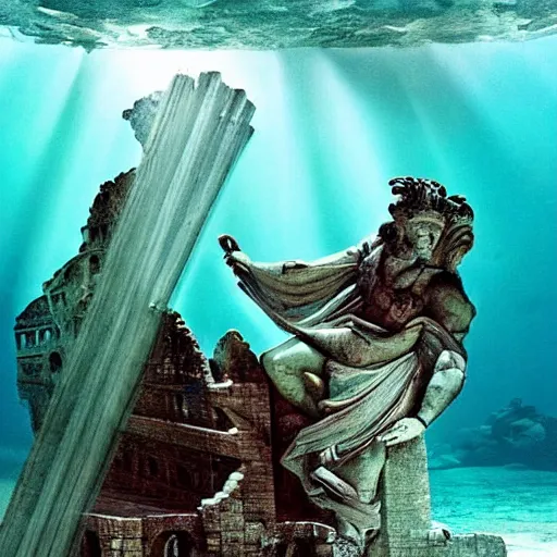 Prompt: Roman empire underwater, Atlantis, spectacular quality, surrealism photography masterpiece, perfect composition