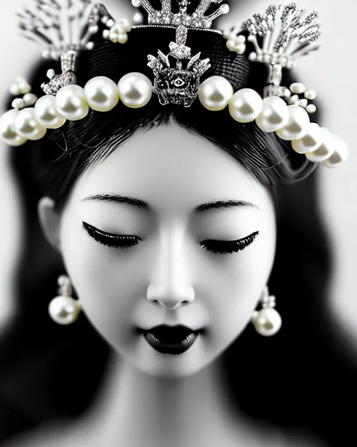 Prompt: black and white dreamy young beautiful crowned female artificial intelligence, crown is full of flowers and pearls, realistic pearl ornament in the face, long hair are intricate with highly detailed realistic pearls, cinematic, rim light, bokeh, photo - realistic, elegant, high detail, 8 k, masterpiece, photo taken in 1 9 3 0