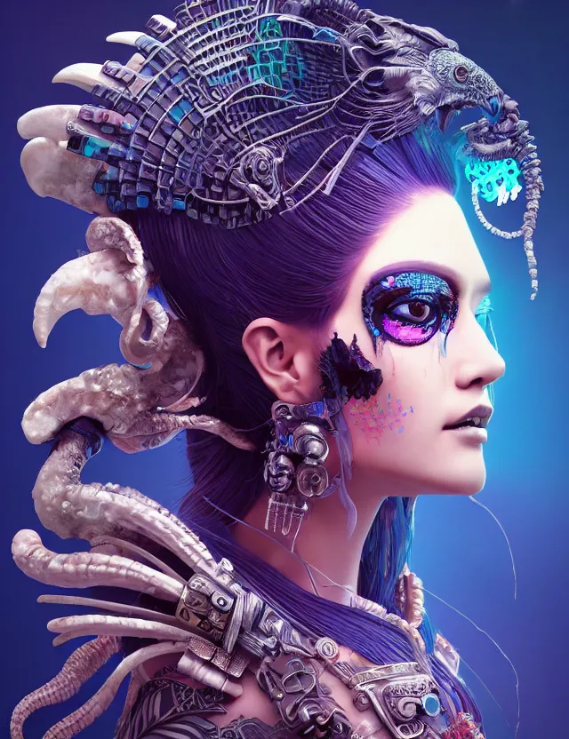 Image similar to 3 d goddess close - up profile portrait cyberpunk with ram skull. beautiful intricately detailed japanese crow kitsune mask and clasical japanese kimono. betta fish, jellyfish phoenix, bio luminescent, plasma, ice, water, wind, creature, artwork by tooth wu and wlop and beeple and greg rutkowski