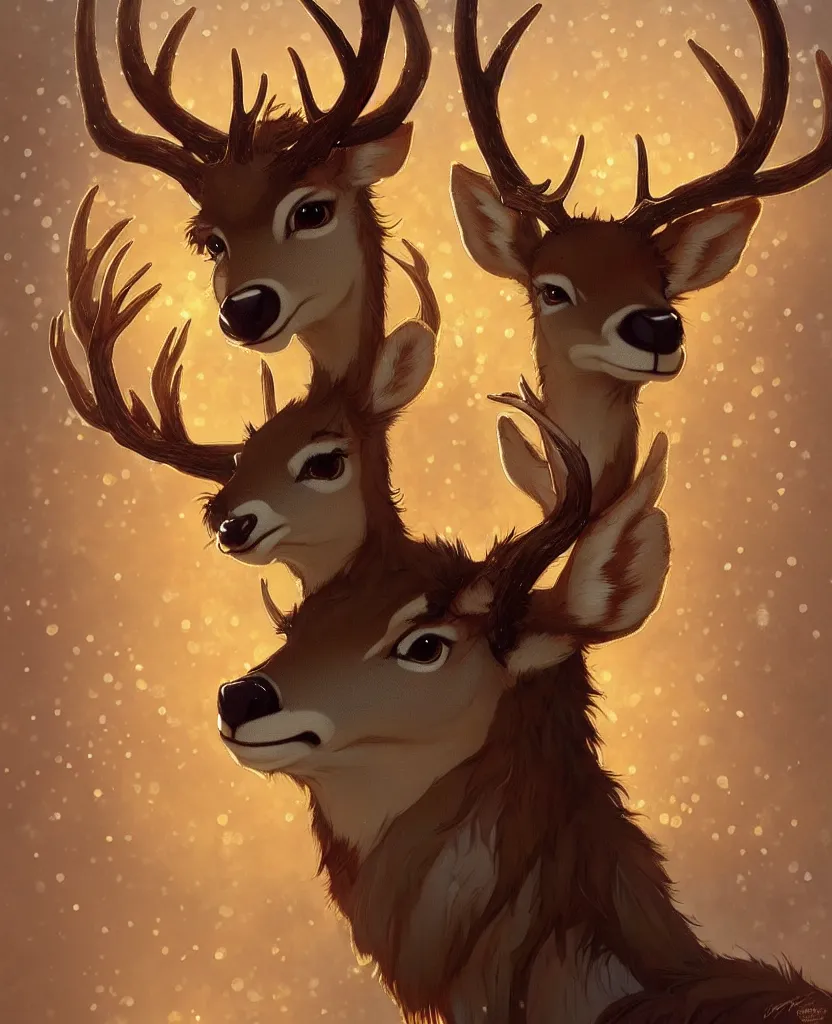 Image similar to anthropomorphic shy and nerdy deer with exquisite antlers. Renowned character illustration by greg rutkowski, thomas kindkade, alphonse mucha, loish, norman rockwell. Warm gradient bokeh background. Trending on FurAffinity.