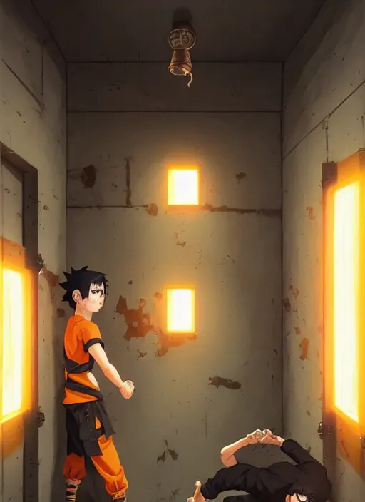 Image similar to highly detailed prison cell with naruto uzumaki with black hair, punching a wall, art by greg rutkowski, loish, rhads, ferdinand knab, makoto shinkai and lois van baarle, ilya kuvshinov, rossdraws, tom bagshaw, global illumination, radiant light, detailed and intricate environment